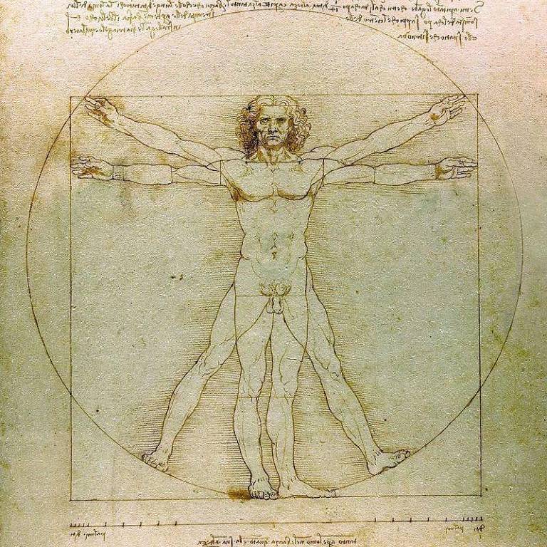 Homem Vitruviano, uma ilustração de um homem nu, em pé, com quatro braços e quatro pernas