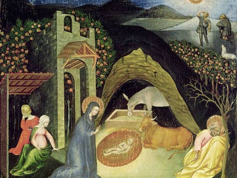 Pintura ilustra o nascimento de Jesus