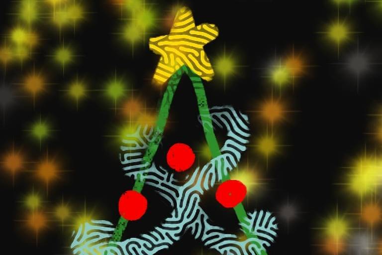 Imagem de uma árvore de Natal com fundo preto e com textura de pontos iluminados