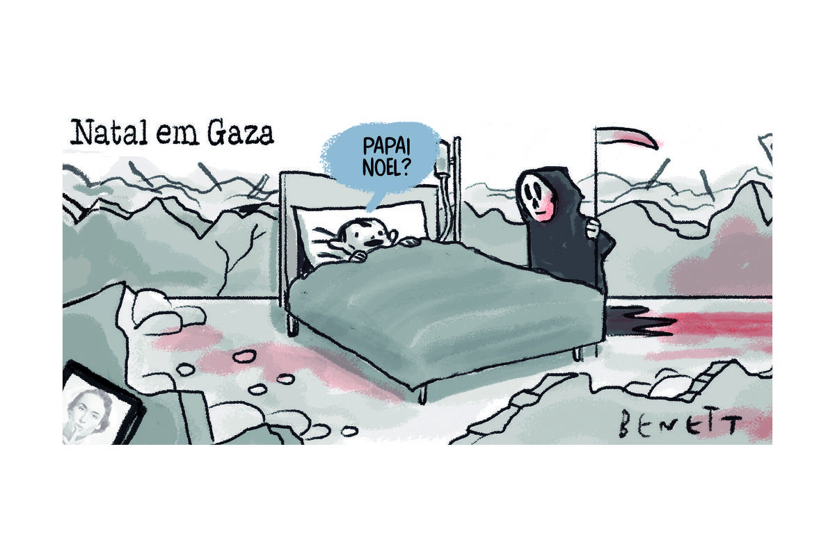 Título: Natal em Gaza. Na ilustração, uma criança está deitada em uma cama no meio de escombros e a Morte, vestida de preto, com uma foice, está parada ao lado da cama. A criança pergunta: Papai Noel?