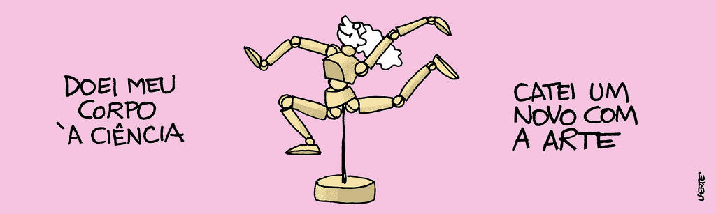 Na tira de Laerte, em uma única imagem: Uma pessoa cujo corpo, do pescoço pra baixo, é o de um boneco articulado, do tipo que se usa em aulas de desenho como modelo, sustentado numa base de madeira e fazendo uma pose de dança. Um texto diz: “DOEI MEU CORPO À CIÊNCIA / CATEI UM NOVO COM A ARTE”.