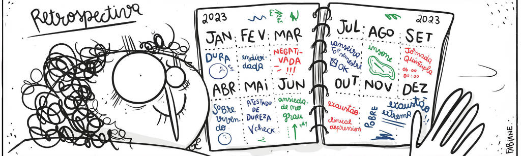 A tira Viver Dói, de Fabiane Langona, publicada em 26/12/2023, intitulada "Retrospectiva 2023", mostra a imagem de uma moça em frente a um planner. Nele, vemos mês a mês fatos que marcaram a vida pessoal da personagem. No quadrinho 1, lê-se anotações: Jan: DURA / Fev: Endividada/ Mar: Negativada / Abril: Sobrevivendo / Maio: Atestado de dureza/ Jun: Ansiedade no grau / Jul: Cansaço top / semestre ok  / Ago: Insone / Set: Jornada Quíntupla / 06h00 00h00  / Out: Exaustão / Clinical Depression / Nov: Pobre/ Dez: Exaustão extrema!!