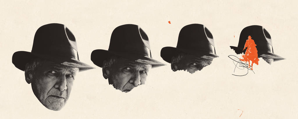 Arte com rosto de Harrison Ford como Indiana Jones no filme 'A Relíquia do Destino'