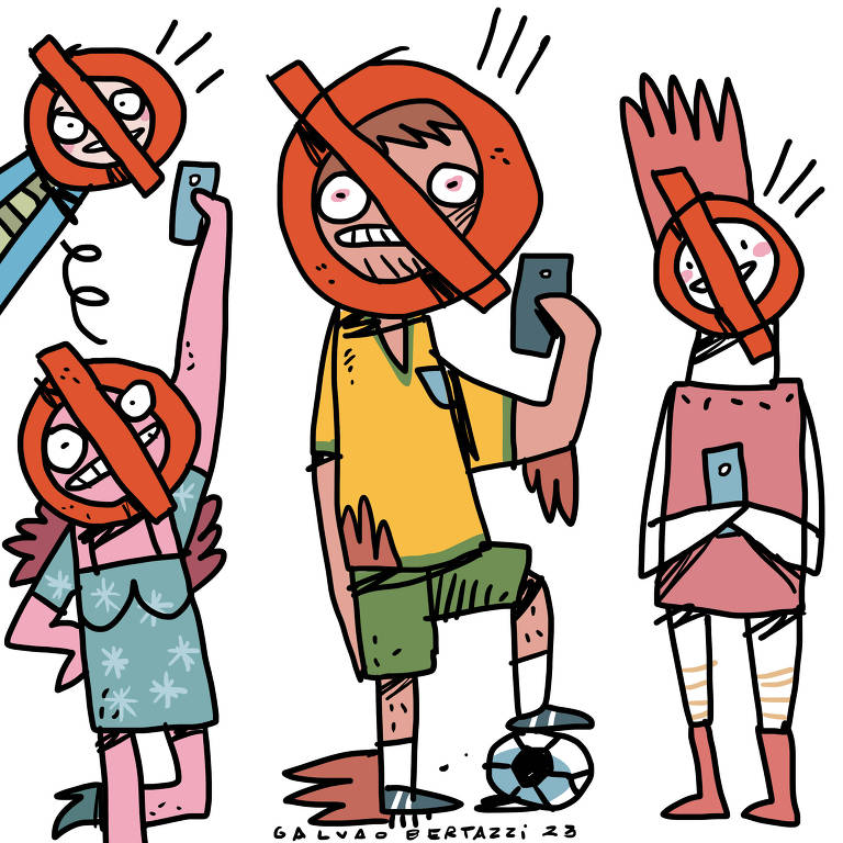 Na ilustração de Galvão Bertazzi temos vários personagens, todos influenceres com um sinal de Cancelado ou Proibido na frente da própria cara. Todos seguram seus celulares e sorriem debilmente para um selfie.