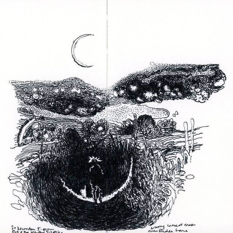 Os desenhos de John Hewitt mostrando cenas noturnas à luz da lua capturam momentos espontâneos