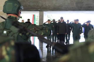 Venezuela's President Nicolas Maduro meets military staff at the Ministry of Defence, in Caracas