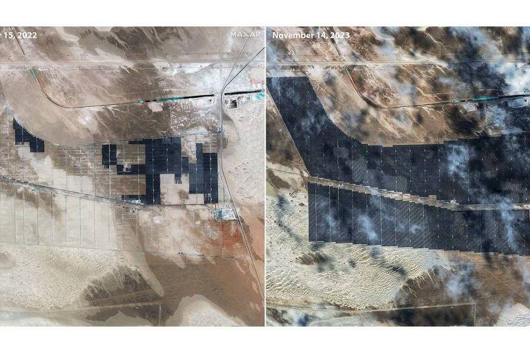Imagem aérea mostra antes e depois de área do deserto que foi tomada por placas de energia solar