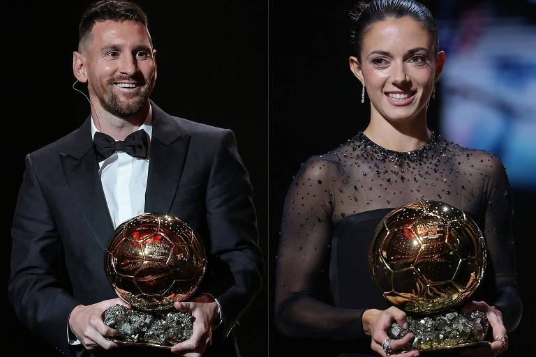 Em cerimônia em Paris, o argentino Lionel Messi e a espanhola Aitana Bonmatí, vestidos com trajes de gala, sorriem segurando a Bola de Ouro de 2023, prêmio dado aos melhores jogadores da temporada