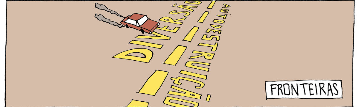 A tira de André Dahmer, publicada em 03.01.2024, tem apenas um quadro. Intitulado "Fronteiras", mostra um carro cruzando em alta velocidade uma linha pontilhada. De um lado, está escrito "diversão"; do outro lê-se "autodestruição".