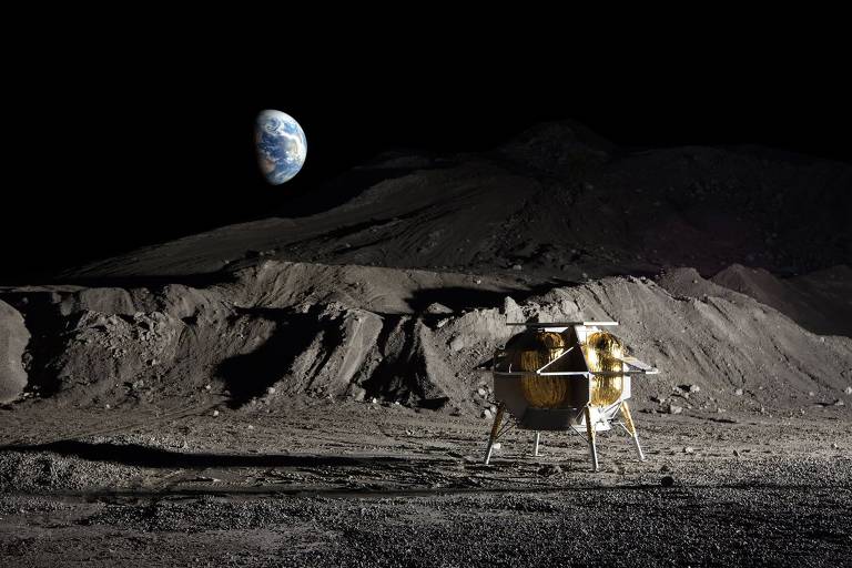 Concepção artística do módulo Peregrine, da Astrobotic, na superfície da Lua