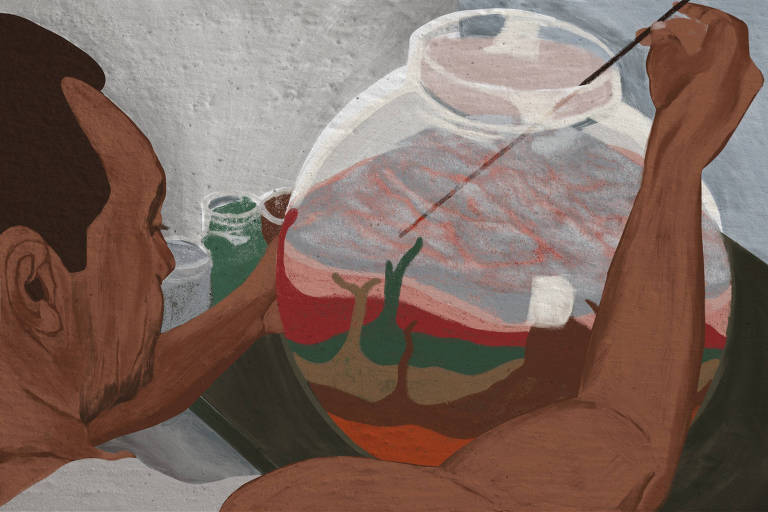 arte ilustra um homem artista manuseando uma vareta dentro de um pote de vidro com areias coloridas que formam camadas.