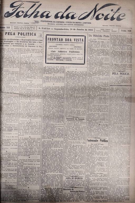 Primeira Página da Folha da Noite de 28 de janeiro de 1924