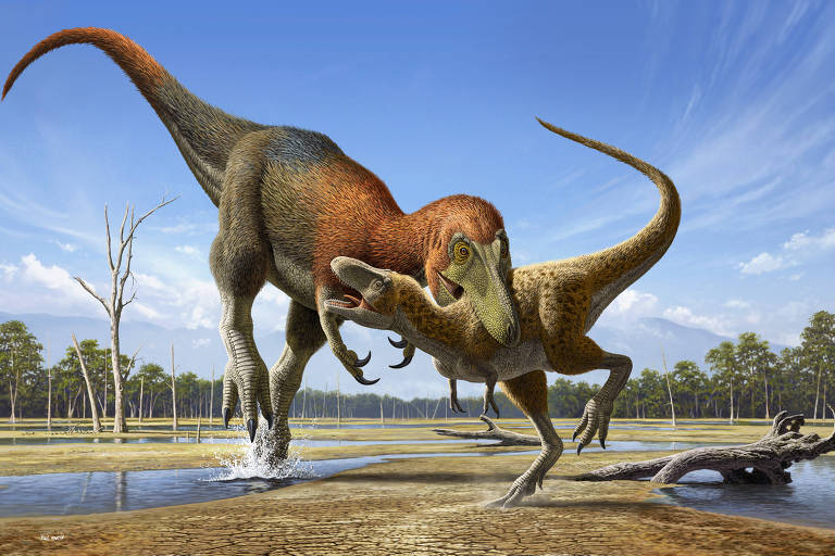 Ilustração de Nanotyrannus lancensis adulto atacando jovem T. rex 