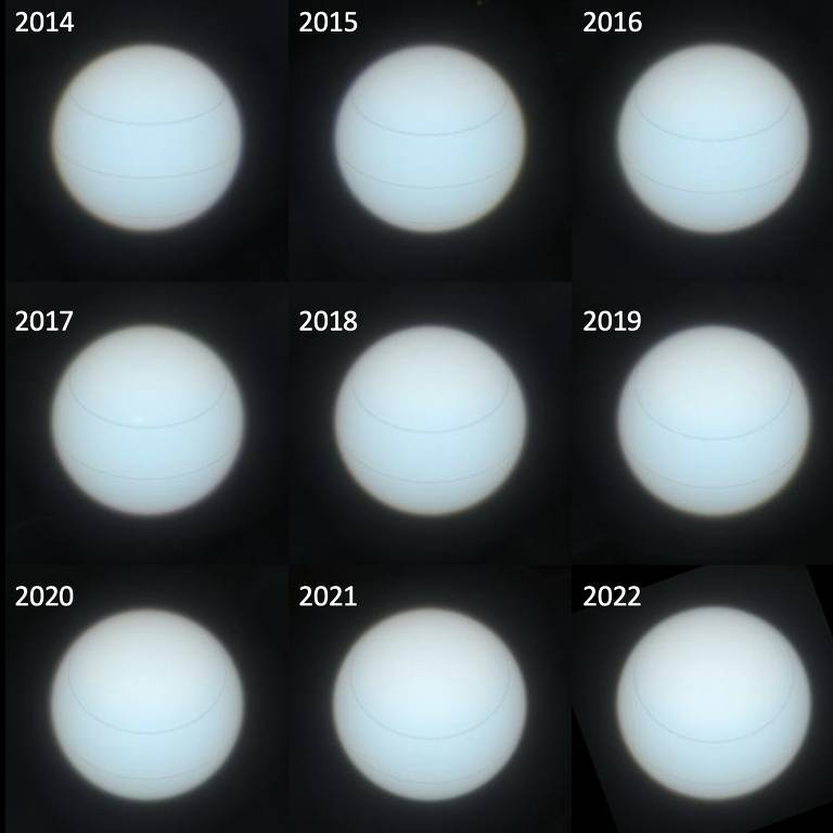 Imagens do planeta Urano com cores azuis claras semelhantes
