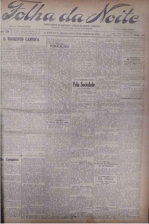 Primeira Página da Folha da Noite de 30 de janeiro de 1924