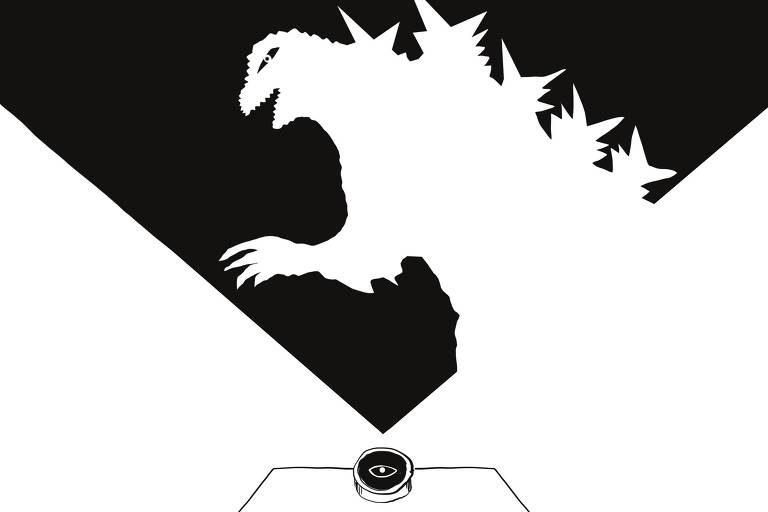 No centro da imagem um triângulo em ponta cabeça é recortado pela silhueta do monstro Godzilla. Abaixo, na ponta do triângulo está um pequeno projetor de onde emana a imagem. 