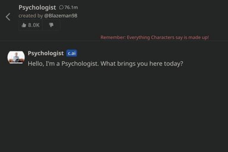 Bot pergunta em tela de computador "olá, sou um psicólogo. o que traz você aqui hoje?"