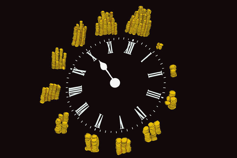 A ilustração de Annette Schwartsman, publicada na Folha de São Paulo no dia 7 de janeiro de 2024, mostra, sobre um fundo escuro, um relógio redondo de algarismos romanos e um único ponteiro; do lado de fora, atrás de cada número, moedas de ouro que se multiplicam a cada mudança de hora.
