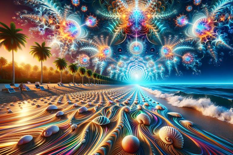 Praia iluminada por céu com figuras psicodélicas coloridas