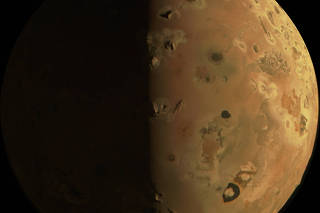 A new image of JupiterÕs moon Io captured by the Juno spacecraft on Dec. 30, 2023. (NASA/SwRI/MSSS via The New York Times)