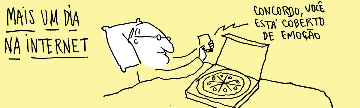A tira de André Dahmer, publicada em 09.01.2024, tem apenas um quadro, com o título "Mais um dia na internet". Nele, um homem tecla ao celular. Ele está deitado na cama com uma pizza sobre seu colo. Ao teclar, ele escreve: "Concordo, você está coberto de emoção".