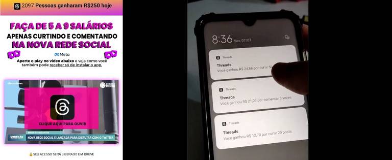 Golpes em aplicativos, como o que prometia dinheiro por curtidas e comentários no aplicativo Threads, da Meta, são considerados estelionato, cujos registros exploram no Brasil em 2023; a pena vai de um a cinco anos de prisão; em meio eletrônico, vai de 4 a 8 anos e pode aumentar se o servidor usado para o golpe estiver fora do Brasil