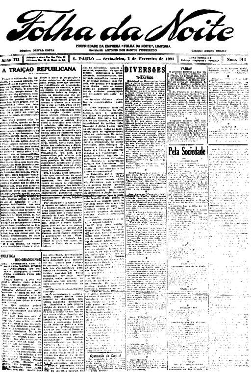 Primeira Página da Folha da Noite de 1º de fevereiro de 1924