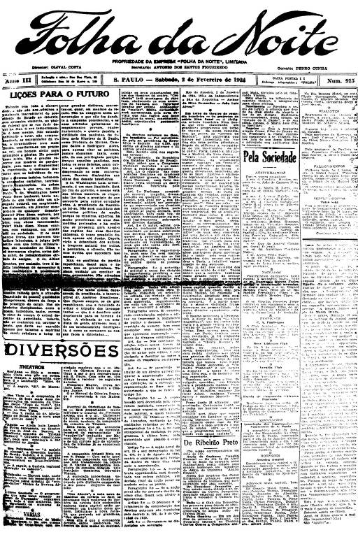 Primeira Página da Folha da Noite de 2 de fevereiro de 1924