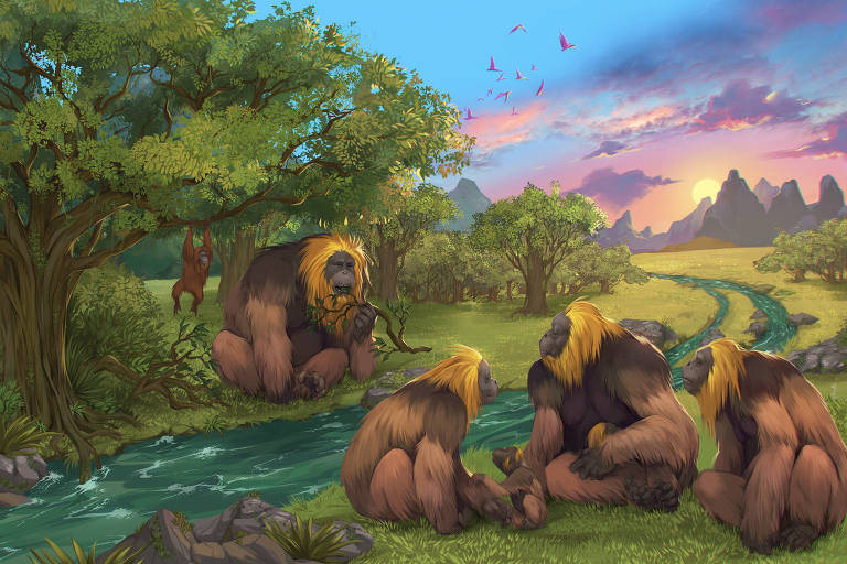 Imagem mostra enormes macacos de pelo castanho e dourado na beira de um rio