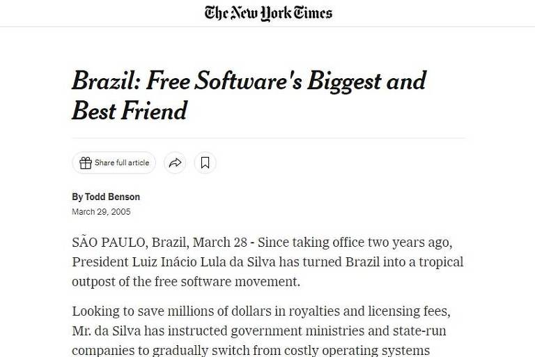 Página de jornal online com o título Brazil: Free Software's Biggest and Best Friend