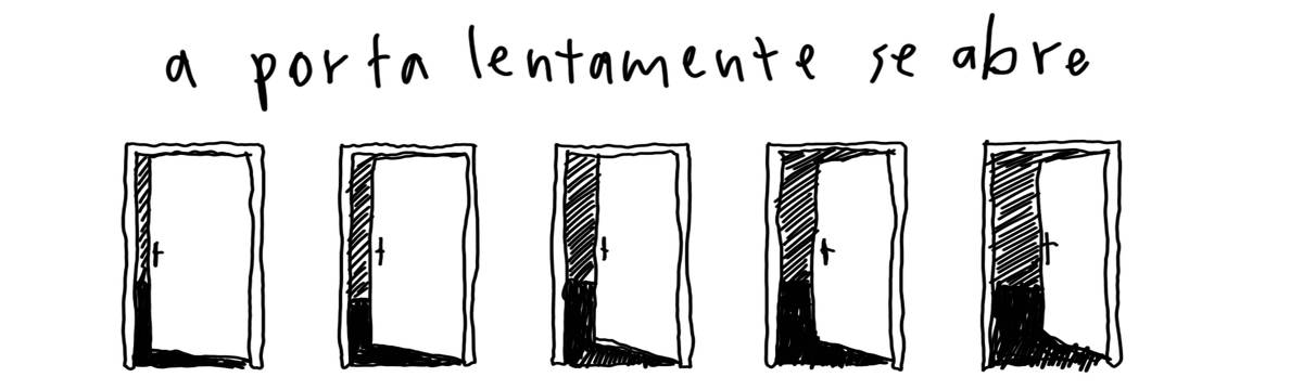A tirinha em preto e branco de Estela May, publicada em 12/01/24, traz desenhos de uma porta se abrindo. Acima, “a porta lentamente se abre”