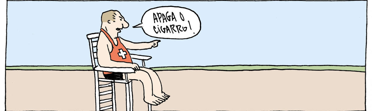 A tira de André Dahmer, publicada em 15.01.2024, tem apenas um quadro. Nele, um salva-vidas está sentado em uma cadeira alta, na praia. Irritado, ele grita para alguém que está fora do quadro: "Apaga o cigarro!".