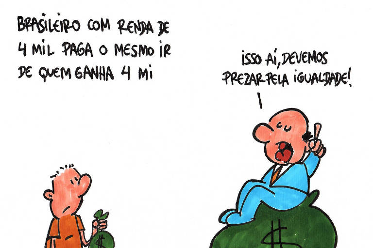 Charge do cartunista Nico em referência à matéria 'Brasileiro com renda de R$ 4.000 tem mesma cobrança de IR de quem ganha R$ 4 milhões', publicada na Folha