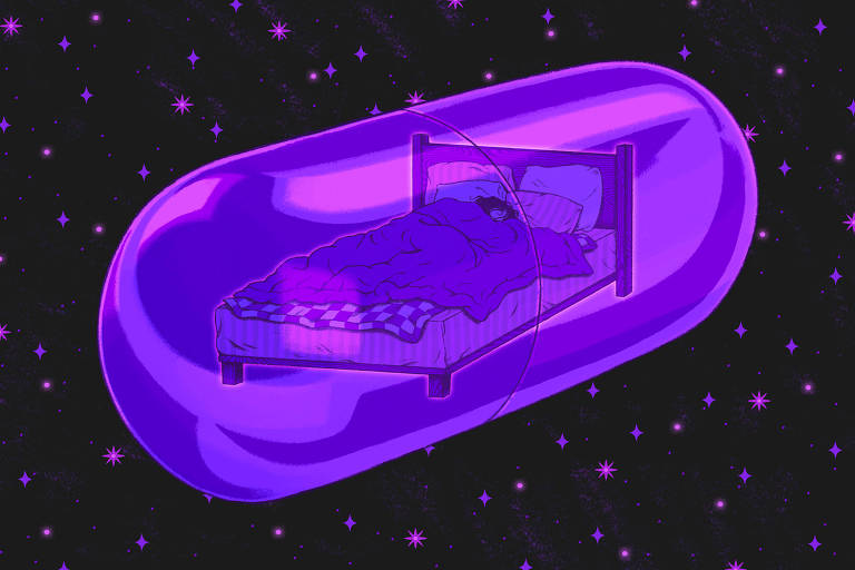 Ilustração em preto e lilás mostra uma pessoa dormindo em uma cama dentro de uma pílula