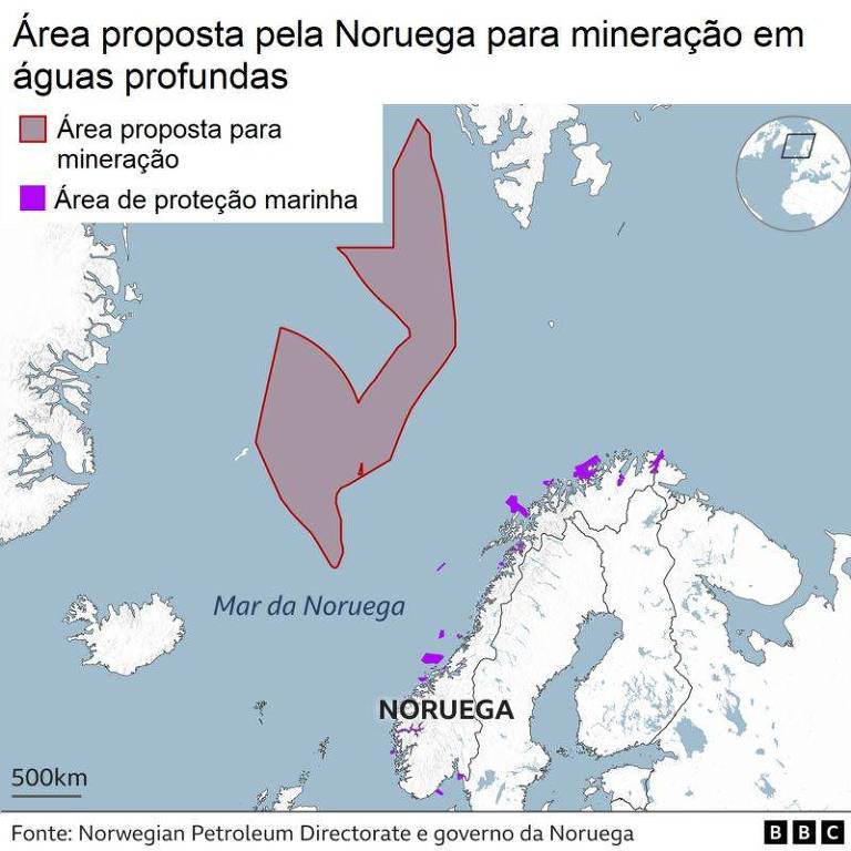Mapa de área no mar da Noruega onde deve acontecer a mineração em águas profundas