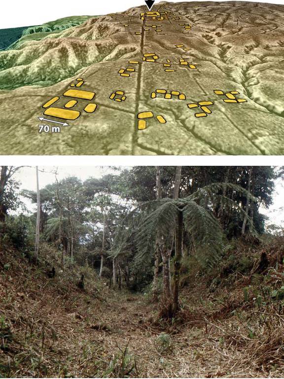Imagem computadorizada de plataformas monumentais (retângulos) e estradas (linhas) de 2.500 anos na Amazônia equatoriana; embaixo, resquício de uma das estradas