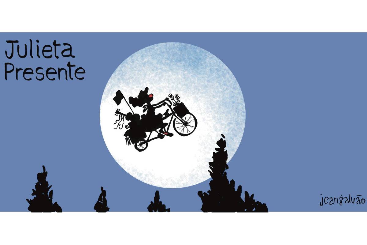 A charge de Jean Galvão publicada na Folha tem o título de Julieta Presente. A cena mostra a lua cheia revelando a silhueta da Palhaça Julieta Hernández com sua bicicleta, pedalando em direção ao céu.