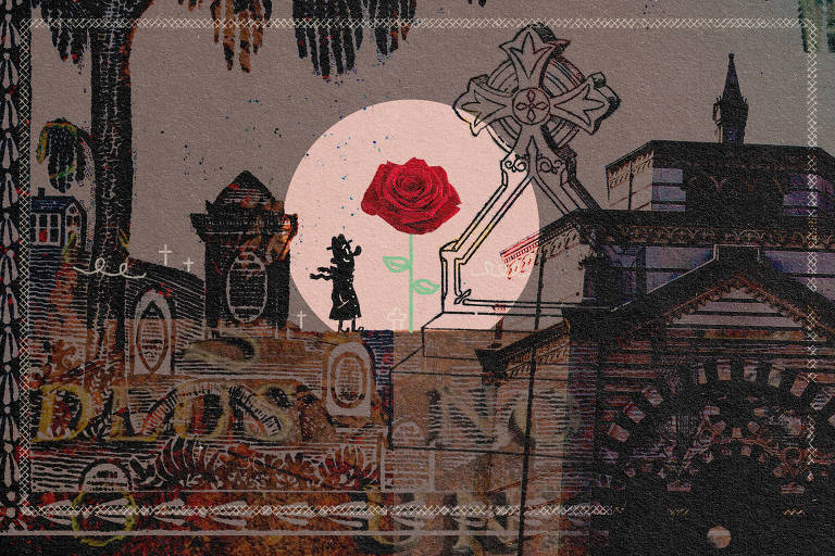 Na colagem digital de Marcelo Martinez: elementos relacionados a cemitério, como lápides e tumbas. Uma pequena silhueta de um homem se destaca, em frente a uma grande rosa vermelha no meio da composição.