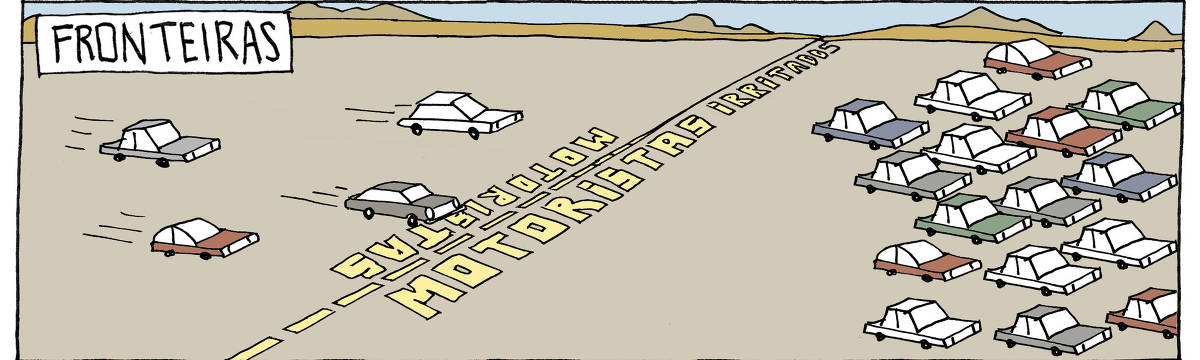 A tira de André Dahmer, publicada em 16.01.2024, tem apenas um quadro. Intitulada "Fronteiras", a tira mostra, de um lado de uma linha tracejada, carros se deslocando em velocidade. No chão está escrito "Motoristas". Do outro lado da linha tracejada, há um engarrafamento. No chão está escrito: "Motoristas irritados".