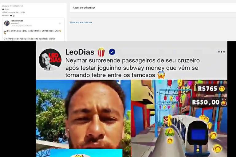 Golpistas usam imagem de Neymar, Anitta e famosos para divulgar jogo falso Subway Money