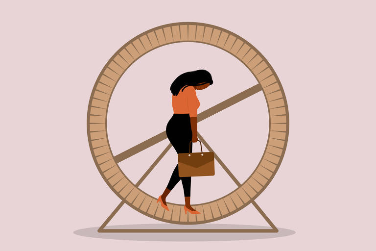 Ilustração de funcionária negra com fadiga andando na roda do hamster, fundo da imagem é rosa 