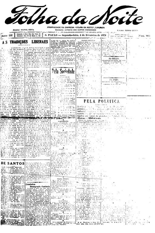 Primeira Página da Folha da Noite de 4 de fevereiro de 1924