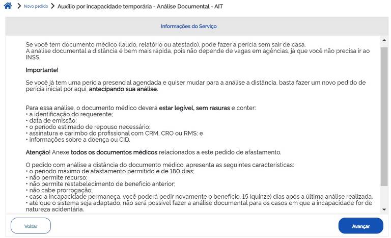 Após conferir as informações da tela e selecione "Avançar"