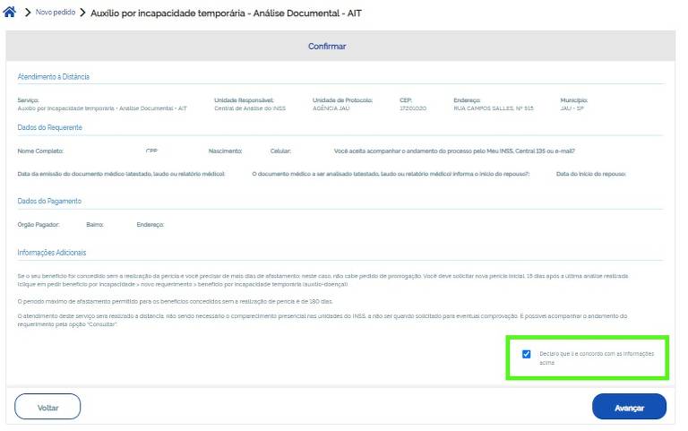 Confirme os dados do requerimento, clique em "Declaro que li e concordo com as informações acima" e depois em "Avançar"