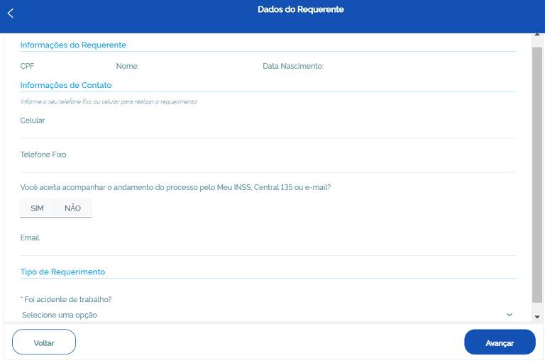 Confira seus dados cadastrais, informe o número de celular ou telefone de contato, assinale por onde se prefere acompanhar o andamento do pedido; no campo "Tipo de Requerimento", informe se foi acidente de trabalho. Caso seja, a perícia deve ser presencial. Em "Dados Adicionais", informe os dados do documento médico: data de emissão e se possui o início do repouso