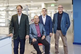 From left: Stephen Pagliuca, the Boston Celtics owner, Keith Joung, one of ArenaÕs newest hires, Thomas Cahill, a Boston venture capitalist, and Stuart Schreiber, a longtime Harvard-affiliated researcher who quit to be ArenaÕs lead scientist, at Arena BioWorks in Cambridge, Ma. on Jan. 11, 2024. (Bob OÕConnor/The New York Times)