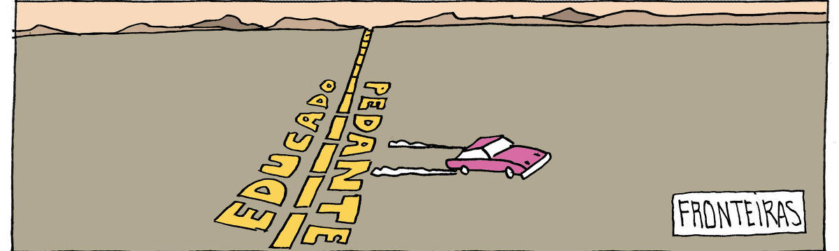 A tira de André Dahmer, publicada em 15.01.2024, tem apenas um quadro. Intitulado "Fronteiras", mostra uma carro cruzando uma linha tracejada em alta velocidade. Nela está escrito, de um lado, "EDUCADO". Após a linha tracejada, lê-se "Pedante".