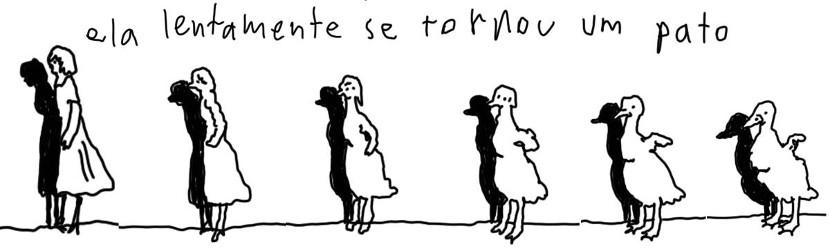 A tirinha em preto e branco de Estela May, publicada em 19/01/24, traz seis desenhos de uma mulher lentamente se transformando em pato. Acima, “ela lentamente se tornou um pato”