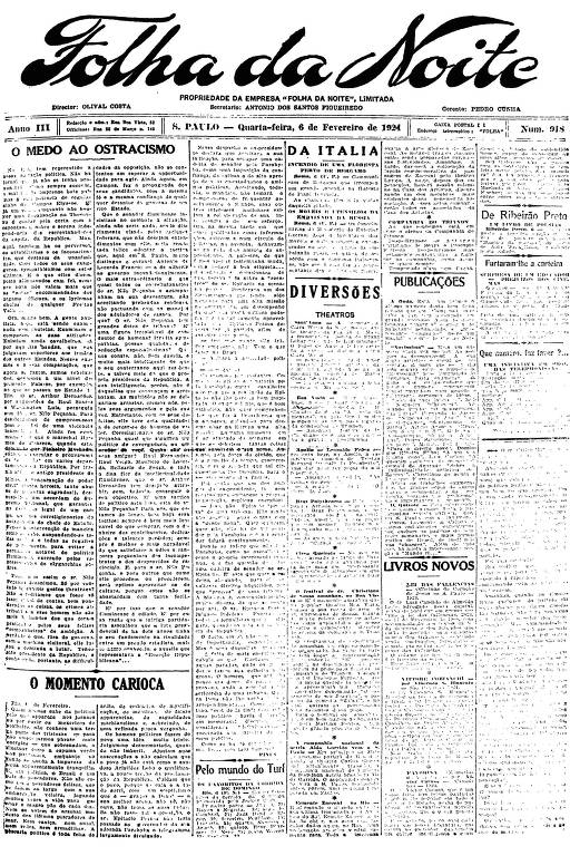 Primeira Página da Folha da Noite de 6 de fevereiro de 1924