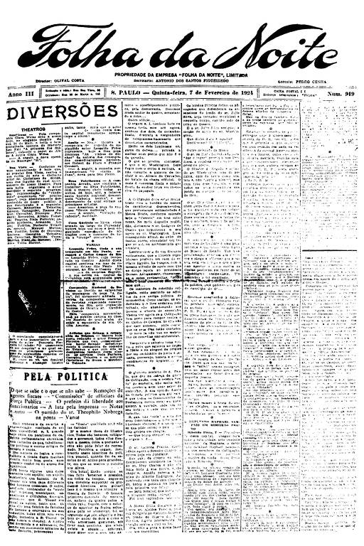 Primeira Página da Folha da Noite de 7 de fevereiro de 1924